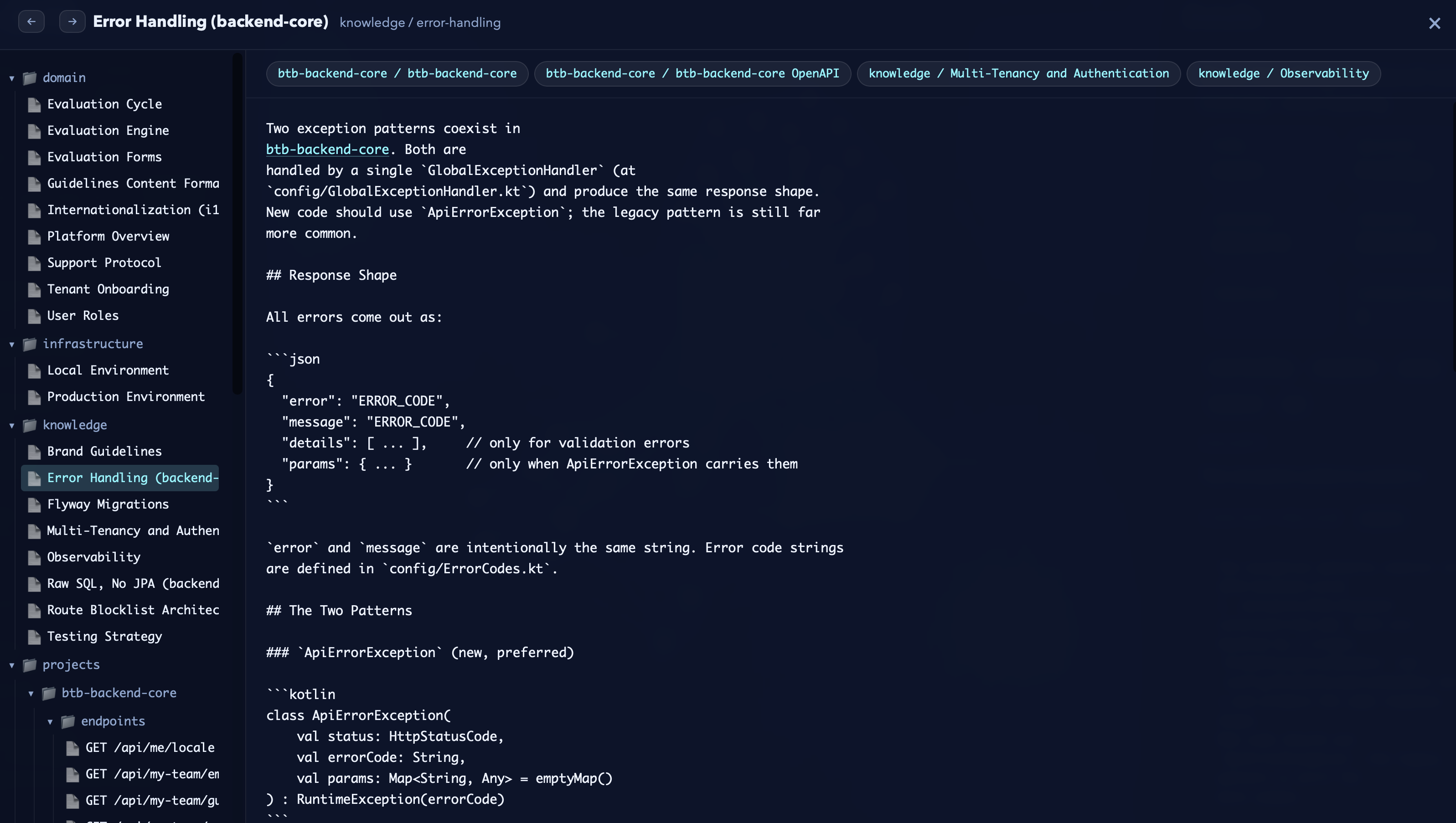 kluris mri inspector — a neuron's rendered markdown on the right, related-neuron tabs along the top, and the full brain tree in the left panel