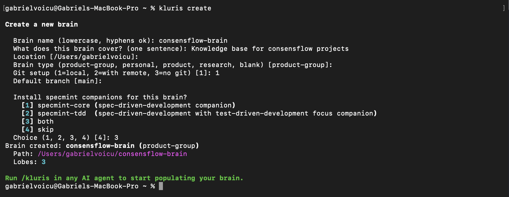 Terminal showing kluris create asking interactive questions and creating consensflow-brain with both specmint companions enabled.