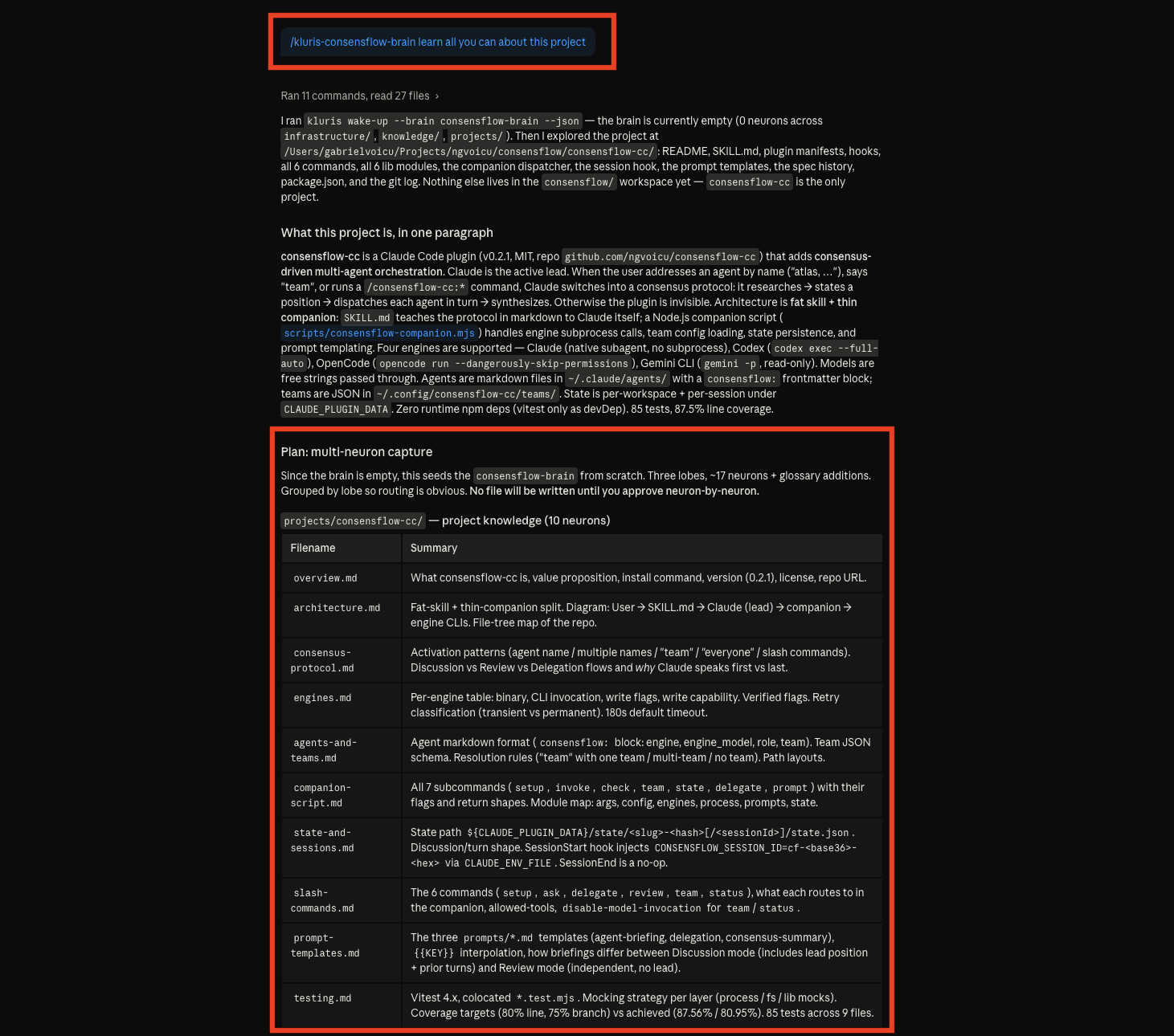 AI agent surveying the consensflow-cc project, capturing it under projects/consensflow-cc and listing what it found.