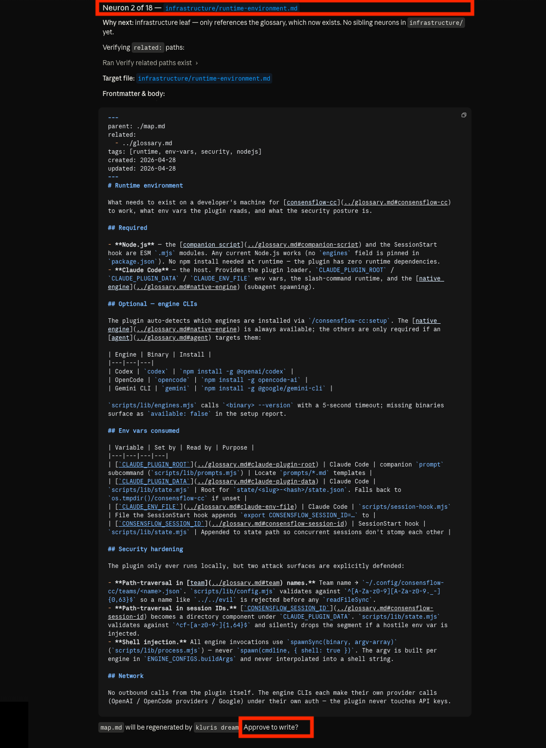 Agent confirming a neuron has been written and showing the next file format to be approved.