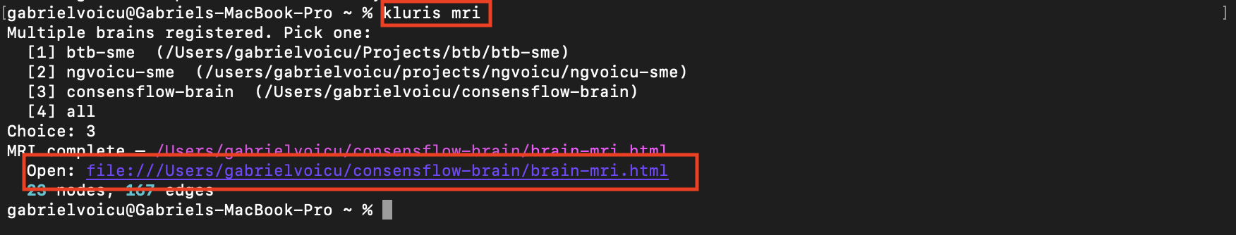 Terminal: kluris mri picks the consensflow-brain and prints a clickable file:// URL to brain-mri.html with 23 nodes and 167 edges.