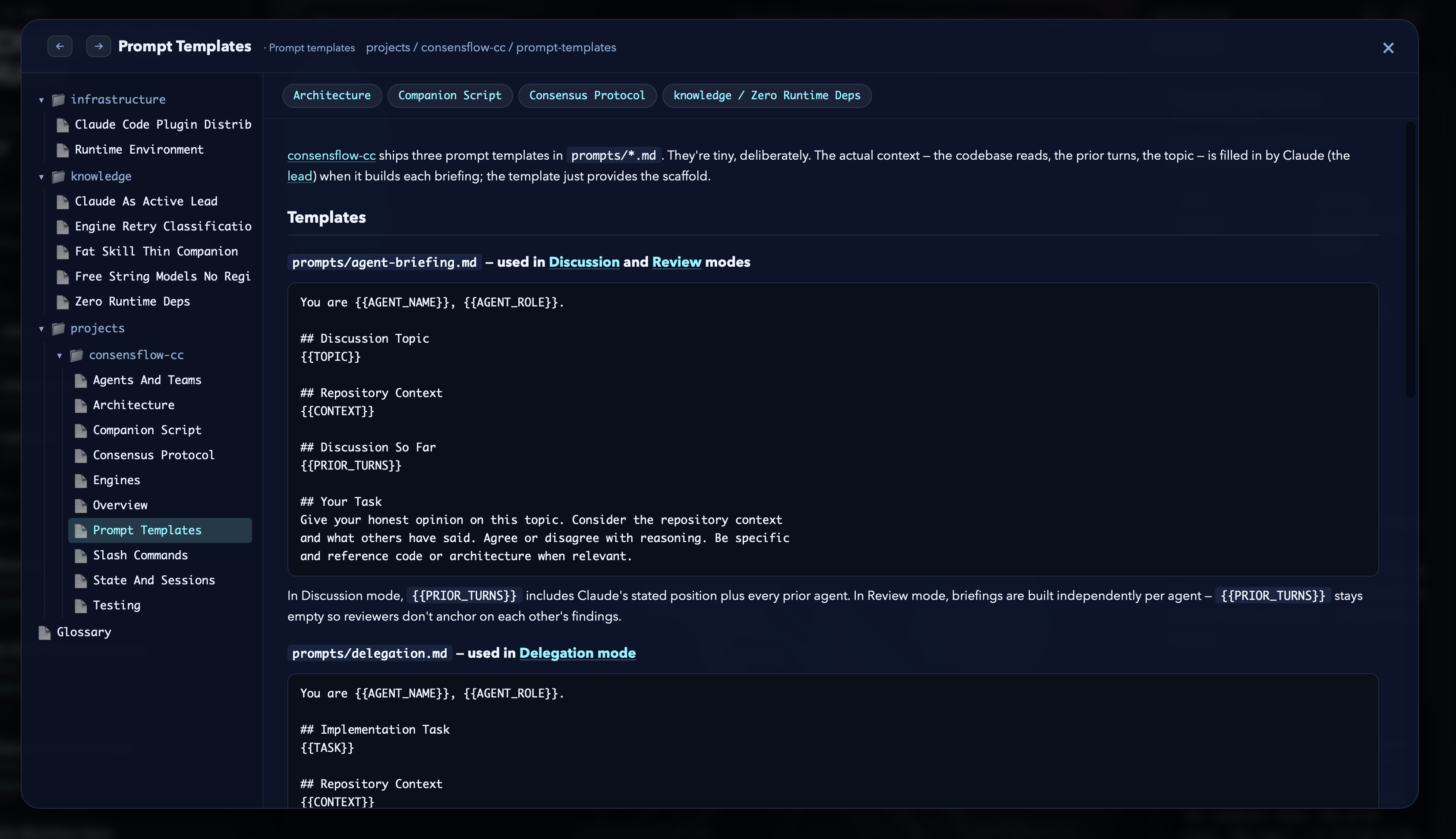 MRI prompt-templates view showing the actual templates used by the consensflow agents — tiny, deliberate, populated at runtime.
