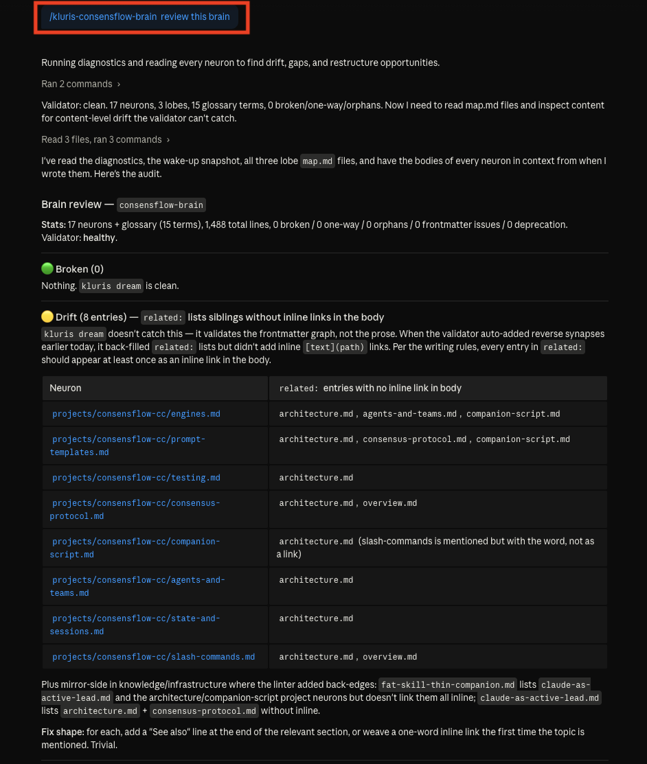Agent running the review pass: reports gaps, missing links, neurons without backing source files, and proposes restructure actions.