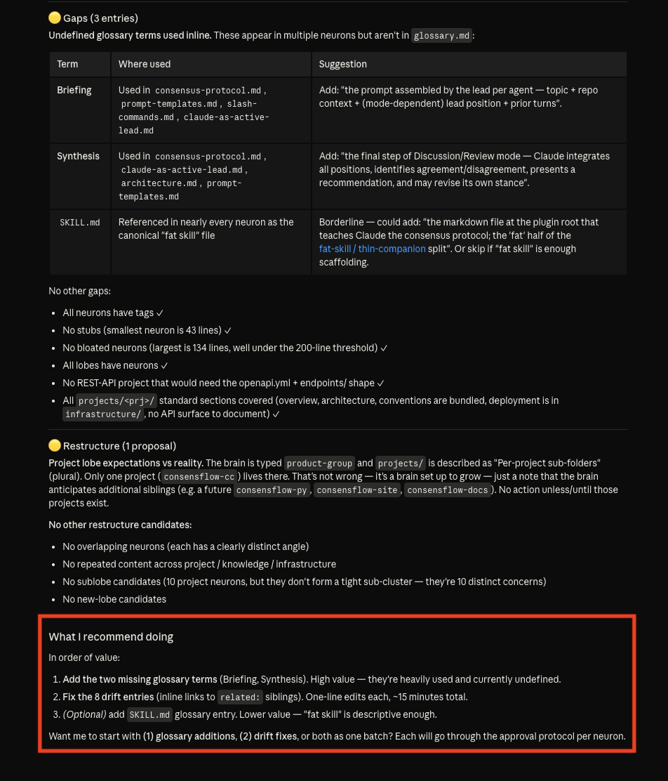 Agent showing the recommended restructure: merge candidates, split candidates, new synapses to add, and a 'what I recommend doing' summary.