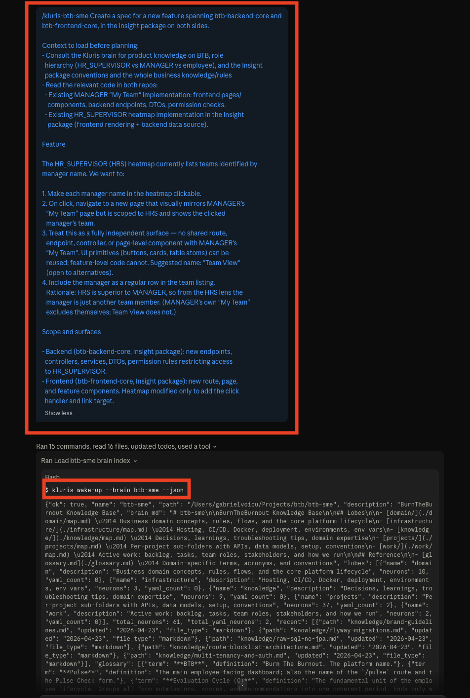 Agent answering a feature-development question grounded in the brain, then optionally kicking off a specmint spec.
