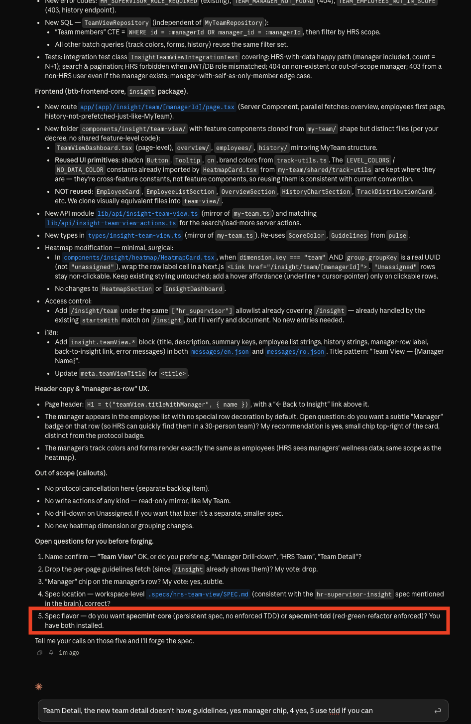 Spec interview output: 'Open questions before starting' and 'Test detail' sections, with clarifying questions about how overview.manager.* should be sourced.