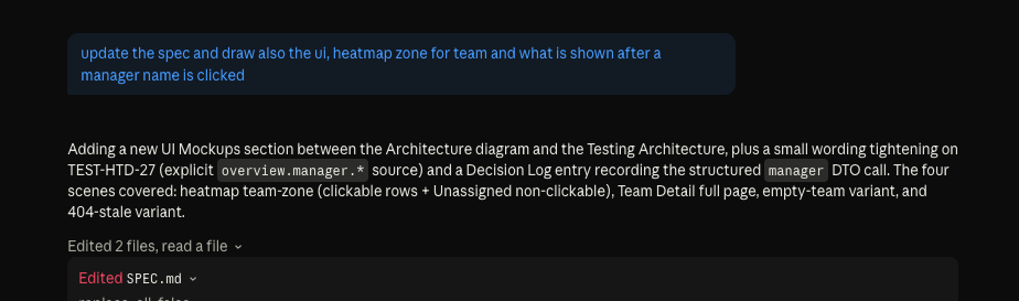 User asks the agent to update the spec and add UI mockups, heatmap zone, and what's shown after a manager name is clicked. Agent responds with a summary of the spec edits and a Decision Log entry.